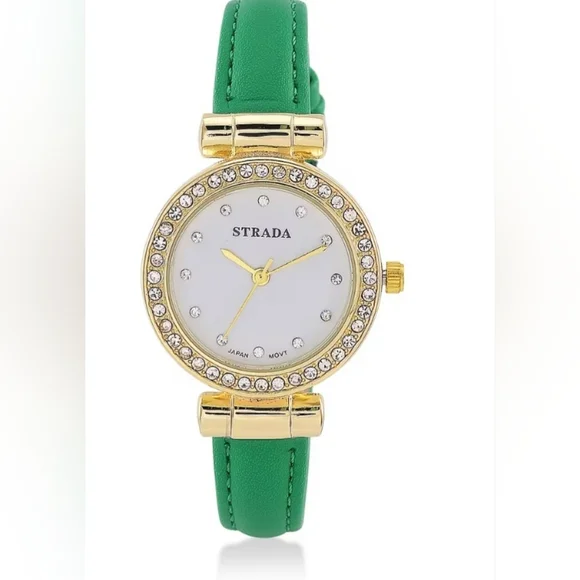 New Strada Austrian Crystal Watch w/ Green Strap & Gold Detailing with Crystals - Picture 1 of 4